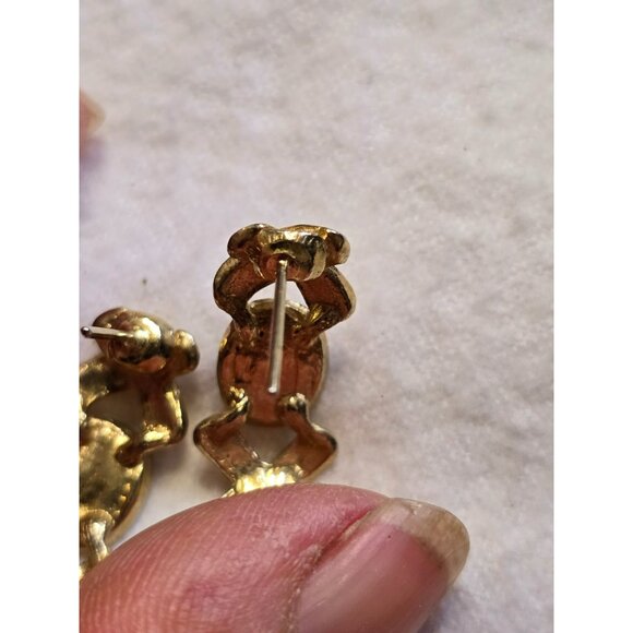 VTG Pierced Gold Toned Black Glass Post Earrings Mid Century Modern Stylish - Picture 3 of 5